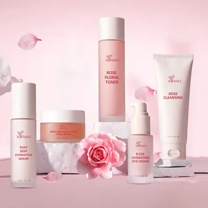 Ensemble de soins de la peau à la rose bulgare de marque privée Trio d'eau de rose Nettoyant pour le visage hydratant à la rose Tonique pour la peau Crème pour le visage Sérum Crème pour les yeux