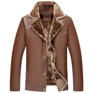Chaqueta de Cuero PU Marrón para Hombre con Forro de Piel Sintética, Cuello Camisero, Resistente al Viento, Estilo Casual, Corte Regular - Product Image 1