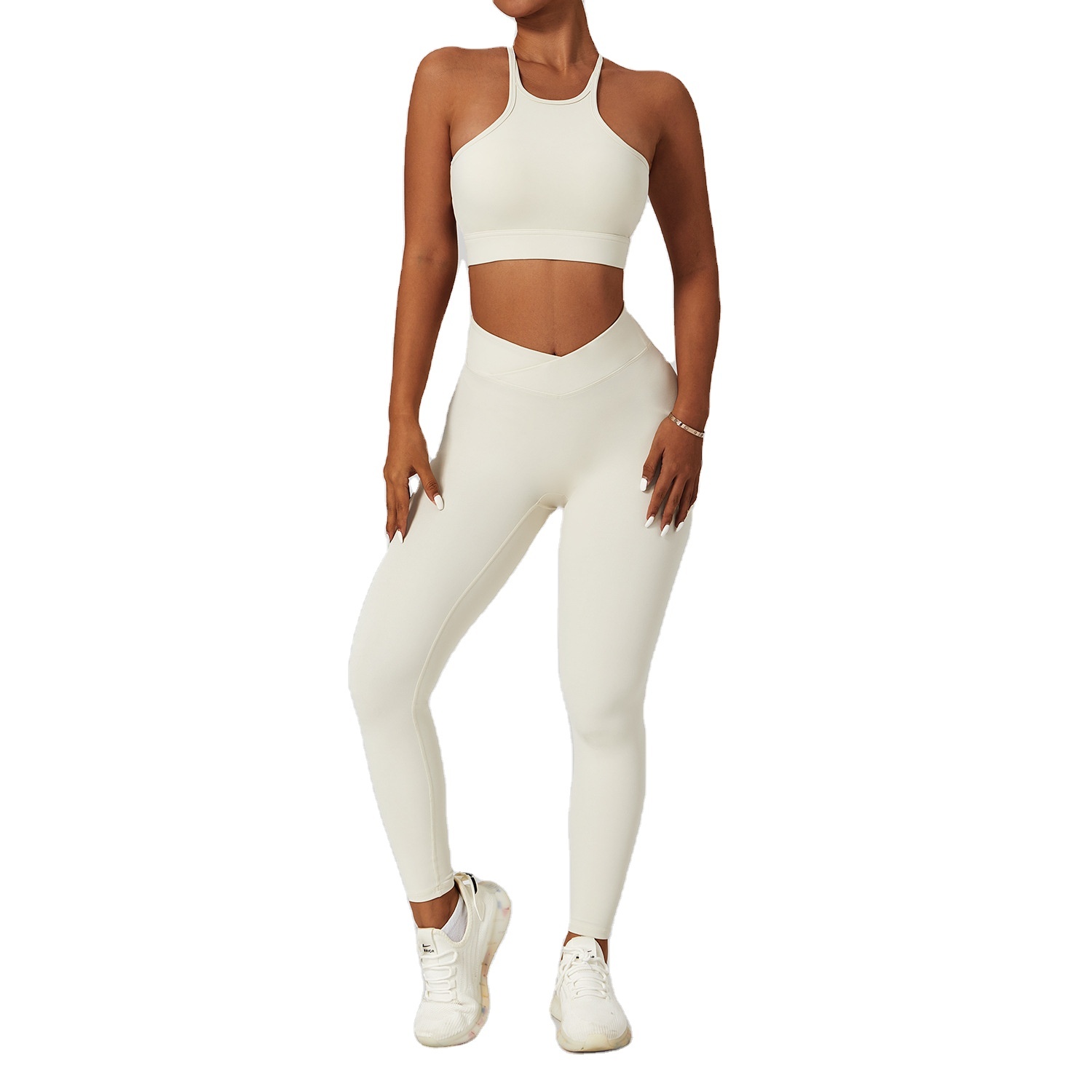 OEM Women's Solid Breathable Canvas 2-Piece Gym Yoga Set Sexy Stretch Athletic Lightweight Elastic Waist Spring/Summer