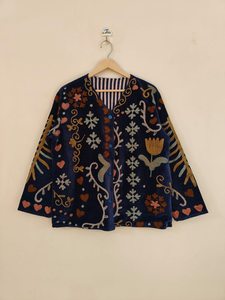 Navy Blue Velvet Suzani Embroidered Winter Jacket Vintage Floral <b>Boho</b> Handmade Cotton Shell Ethnic Gift for Her - Product Image 5