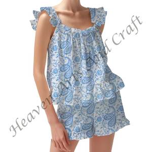 100% algodón largo cómodo pantalones cortos Pijama conjunto vestido suave Primavera/Verano Floral ajustado tiras volantes Trim mangas PJ conjunto - Product Image 4