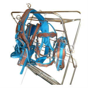 Arnés de conducción de cuero tallado de estilo premium natural y azul de diseñador para carro de caballo individual - Product Image 2