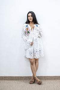 White Lace Boho VNeck Short Summer Gown Wide <b>Bell</b> <b>Sleeve</b> Floral Embroidered Vacation Resort Outfit White Lace Boho VNeck - Product Image 4