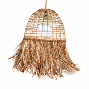 Handwoven Boho Rattan Pendant <b>Light</b> Shade with Water Hyacinth Fringe & Straw Tassel - Product Image 1