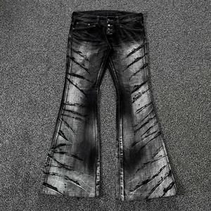 Customized Mid-Waisted Breathable Solid Stonewashed Woven 100% Cotton <b>Flared</b> Denim <b>Jeans</b> Pant - Product Image 1