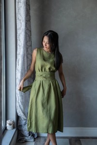 Vestido de lino elegante para mujer, cintura alta, estampado Floral, verano, informal, holgado, sin mangas, decoración de encaje, natural para uso diario - Product Image 3