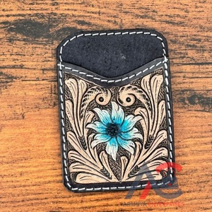Tarjeteros de cuero de lujo hechos a mano para mujer, cartera pequeña de cuero genuino Floral turquesa, tarjetero de piel de vaca occidental - Product Image 1