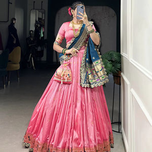 Traditional <b>Silk</b> Zari Weaving Work With Sequins and <b>Thread</b> Embroidery Lace Border Lehenga Choli, Wedding Wear Fancy Lehenga. - Product Image 1