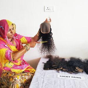 Cheveux humains vierges bruts remy fermeture bouclée profonde pas cher 100% extensions de cheveux humains indiens temple cheveux humains bruts non transformés - Product Image 5