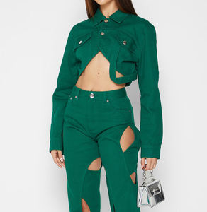 Chaqueta de mezclilla verde para mujer, talla XL, venta al por mayor, Chaqueta de algodón de diseño personalizado, estilo recortado, estampado de botones frontales, Otoño e Invierno sólido - Product Image 1