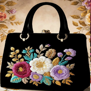 Elegante bolso tote azul marino con un atrevido arte floral multicolor en punto de aguja. Disponible a precios de mayoreo. - Product Image 2