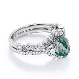 Bague en argent sterling style victorien vintage Milgrain 1.55 carats coupe ovale agate verte mousse diamant et perle Art - Product Image 4