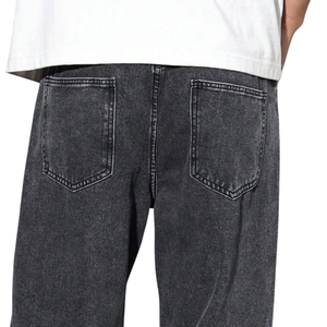 Mens Black Wide Leg Denim <b>Jeans</b> Mid <b>Elastic</b> <b>Waist</b> Loose Fit Breathable Front Logo Casual Washed Full Length Pants - Product Image 4
