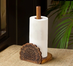 Porte-rouleau de papier de cuisine sculpté à la main en bois de Sesham Le paon dansant Porte-serviettes Distributeur de rouleaux de comptoir pour la cuisine - Product Image 2