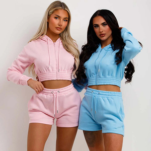 Conjunto de pantalones cortos y Sudadera con capucha recortada informal para mujer 100% algodón patrón sólido logotipo personalizado conjuntos más vendidos - Product Image 6