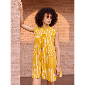 Striped Midi <b>Dress</b> with Dropped Waist and Ruffles for Women - Product Image 3