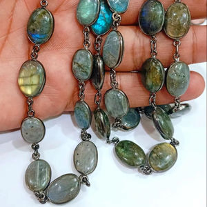 Brass Natural Labradorite Blue Flashy Oval Shape Plain Smooth Cabochon 12x16mm Bezel Connector <b>Necklace</b> 1 Foot <b>Long</b> Black - Product Image 1