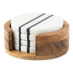 Sous-verre en bois d'acacia artisanal avec motif en pierre de marbre Ensemble de tapis à boisson de luxe Parfait pour les cadeaux de mariage et la décoration de table haut de gamme - Product Image 1