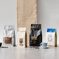 Sacs d'emballage pour café personnalisés, valve, fermeture éclair, fond plat, pochette en aluminium, barrière, imprimé, sac de stockage pour grains de café