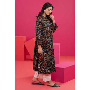 Vestido Boho Negro Estampado Khaddar para Mujer, Lavable, Largo hasta la Rodilla, Estilo Oficina, con Cierres y Decoración de Diamantes, Tallas XS-XL Disponibles - Product Image 3