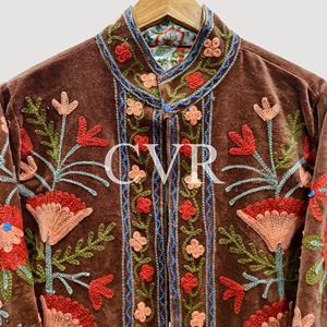 Abrigo de Terciopelo con Bordado Floral a Mano, Cuello Mandarín, Manga Larga, Talla Grande, Ropa de Abrigo Casual para Mujer, Otoño - Product Image 3