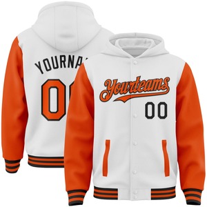 Vente en gros directe de l'industrie, veste bomber décontractée d'hiver personnalisée, blanche, orange-noir, à fermeture éclair intégrale, style varsity, deux tons, avec capuche - Product Image 1