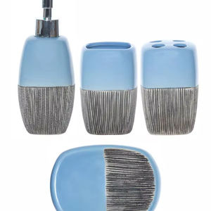 Ensemble de salle de bain design à motif de lignes bleues et noires en résine polie pour vanité élégante et usage quotidien contemporain - Product Image 1