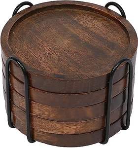 Juego de 5 Posavasos Redondos de Madera de Mango con Soporte de Metal Negro - Posavasos Rústicos de 4.5 Pulgadas para Mesa de Centro y Decoración del Hogar - Product Image 2