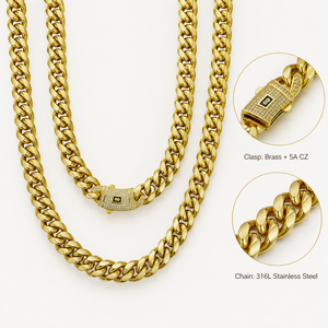 メンズ ヒップホップ 6～14mm マイアミ キューバン チェーン ネックレス 14K 18K ゴールドメッキ ステンレス スチール モナコ キューバン リンク - Product Image 2