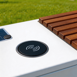 Banc intelligent solaire d'extérieur avec recharge sans fil, éclairage LED et structure en métal-bois pour parcs et places publiques - Product Image 5