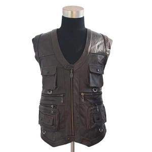 Genuine Leather Men's Winter Solid <b>Vest</b> Sleeveless Jacket Casual Many Pockets Brown <b>Black</b> Windproof Outerwear - Product Image 4