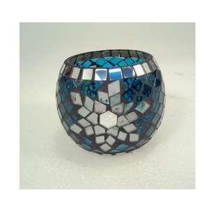 Motif de fleurs bleu mosaïque fini verre votif bougeoir forme ronde pour la maison décorative fête noël Table décor - Product Image 1
