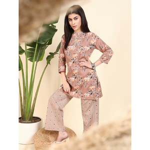 ชุดเซ็ตคุร์ตีผ้าฝ้ายพรีเมียมลายดอกไม้ แขนสามส่วน คอจีน ชายเสื้อผ่าข้างสั้น สไตล์ฤดูร้อน พร้อมกางเกงปาลาซโซ่ สำหรับผู้หญิง |   ระบายอากาศได้ - Product Image 1