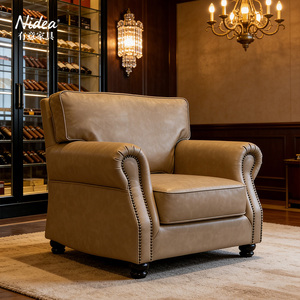 Fauteuil classique américain vintage en <span class=keywords><strong>cuir</strong></span> véritable, une place, avec accoudoirs roulés et garniture cloutée, pour chambre à coucher et bar d'hôtel - Product Image 3