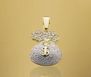 Colgante de Lujo para Hombre, Estilo Hip Hop, Chapado en Plata, con Diseño de Bolsa de Dinero, de Aleación de Zinc, con Incrustaciones de Moissanita y Diamantes, Muy Brillante - Product Image 1
