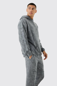 Mens Charcoal <b>Grey</b> <b>Acid</b>-<b>Wash</b> Graphic Print Hooded Sweatshirt and Matching Pants <b>Tracksuit</b> OEM ODM Wholesale Apparel - Product Image 2