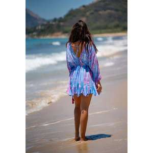 Robe de plage tie-dye pour femmes, col en V, cordon de serrage, kaftan court, tenue de vacances d'été - Product Image 3