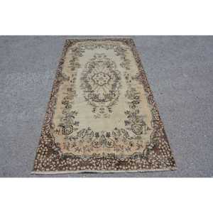 Turkish Vintage Rug, 3.6x7.2 ft Rug, <b>Brown</b> Beige Polka dot <b>Wool</b> Rug - Product Image 1