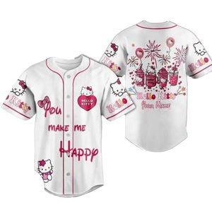 Numéro de nom personnalisé rose Baseball Jersey chemises uniformes dessin animé KT sérigraphié col en v pour adultes enfants 100% Polyester rapide - Product Image 2