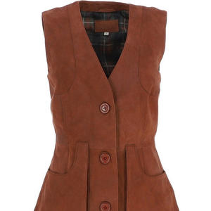 Nuevo chaleco informal de cuero de gamuza marrón para mujer con cuello en V cuero genuino uso a prueba de viento para uso exterior servicio OEM/ODM - Product Image 5