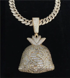 Palatial New VVS Moissanite Diamond Icedout Glamorous HipHop Money Bag Pendent & Cuban Link Chain S925 Silver Gold Jewelry Set - Product Image 1