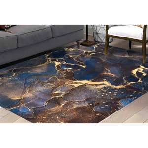 Navy Blue And <b>Gold</b> Marble Rugs, Abstract Marble Rugs, Printed Rug,Chenille Rug - Product Image 3