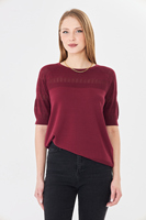 Blouse en maille ajourée à manches courtes pour femme - Pull de printemps à col rond ajouré - Haut en maille crochet doux et respirant pour femme