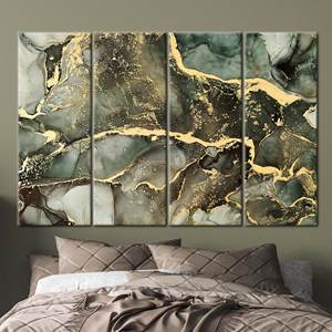 Toile d'art moderne en marbre : Impression de luxe verte et dorée, 4P : Prête à accrocher - Product Image 1