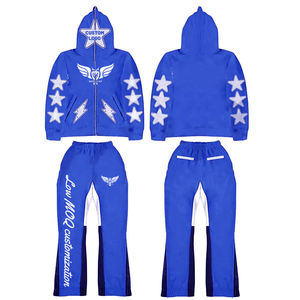 Ensemble de survêtement d'hiver bleu personnalisé avec fermeture éclair intégrale, sweat-shirt à capuche et pantalon de survêtement évasé, imprimé étoiles et éclairs, design unisexe, tenue en 2 pièces - Product Image 1