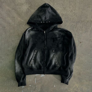 Sudadera con capucha para hombre con estampado de pantalla lavada con ácido y cremallera en el hombro y con pedrería - Product Image 5