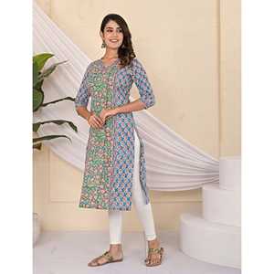 Kurti Verde de Algodón con Estampado Floral, Transpirable, Estilo Casual para el Día o para Salir, con Cintura Natural y Largo hasta el Suelo, Diseño ODM - Product Image 3