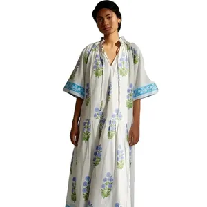 畅销加大码夏季印花四分之三袖叶设计波西米亚长长裙马克西