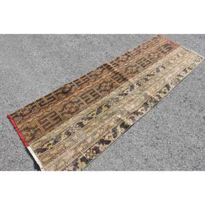 Vintage <b>Brown</b> Beige <b>Wool</b> Rug 2.7 X 7.8ft Classic Turkish Style Handmade Patchwork Design for Bedside Latex Backed - Product Image 2