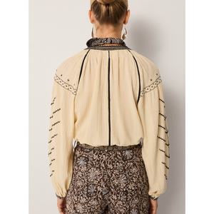 เสื้อเชิ้ต RINGO สำหรับผู้หญิงไซส์เล็ก ปักลาย Croix ผ้าชีฟอง คอระบาย ไซส์ XL ลายทาง ประดับเลื่อม ลูกไม้ เหมาะสำหรับใส่ทำงาน - Product Image 2